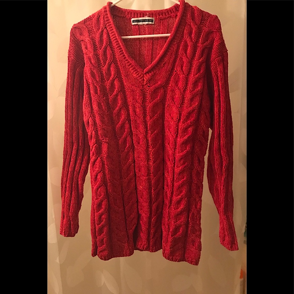Jennifer Moore burnt orange/coral cable stitched V neck cardigan in cotton. M